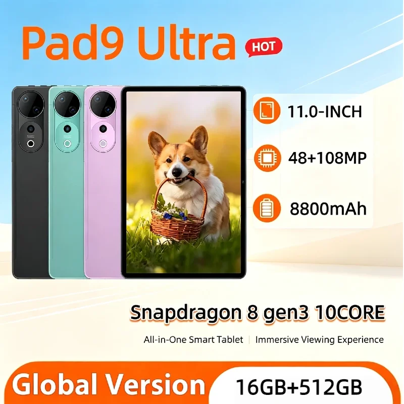Global Original Pad 9 Ultra 4K HD Tablet PC Android 15 16GB RAM 512GB ROM 8800mAh 5G Dual SIM Card WiFi Google GPS Gaming Device