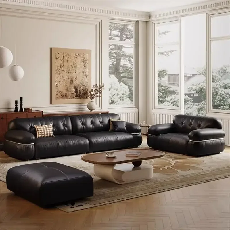 Medieval black steel ring leather sofa living room Internet celebrity retro small apartment straight row first layer sofa