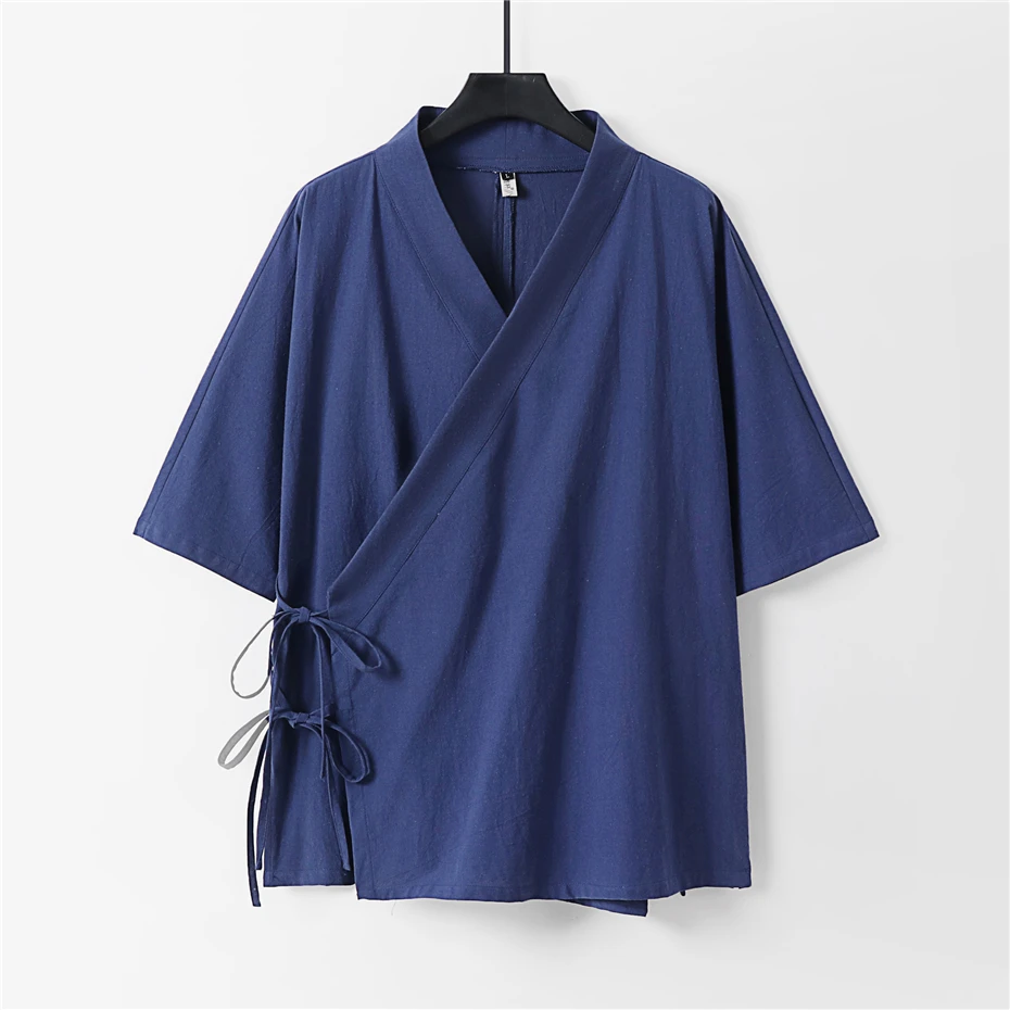 Summer Linen T-shirt Men Plus Size 9XL Linen Tees Tops Male Vintage Casual Three Quarter Sleeve V-neck Tshirt Big Size 9XL