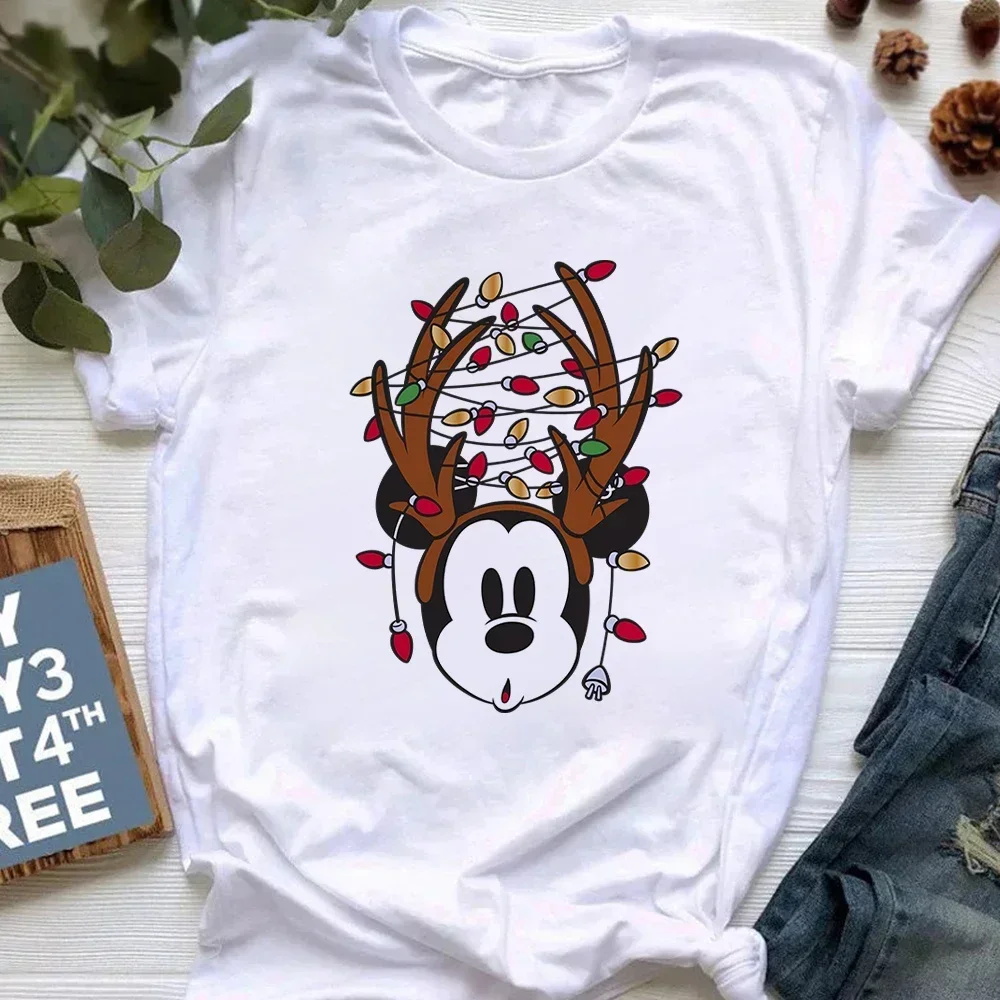 2024 Merry Christmas T Shirt for Women Harajuku Aesthetic Mickey Print Clothing White Tops Fashion Short Sleeve T-shirt Female