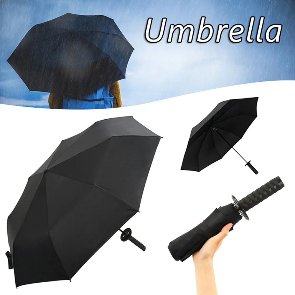 Katana Umbrella All-weather Folding Parasol Auto 3-fold Umbrellas for Men 8 Bone Japanese Umbrella Black Silver Metal Handle