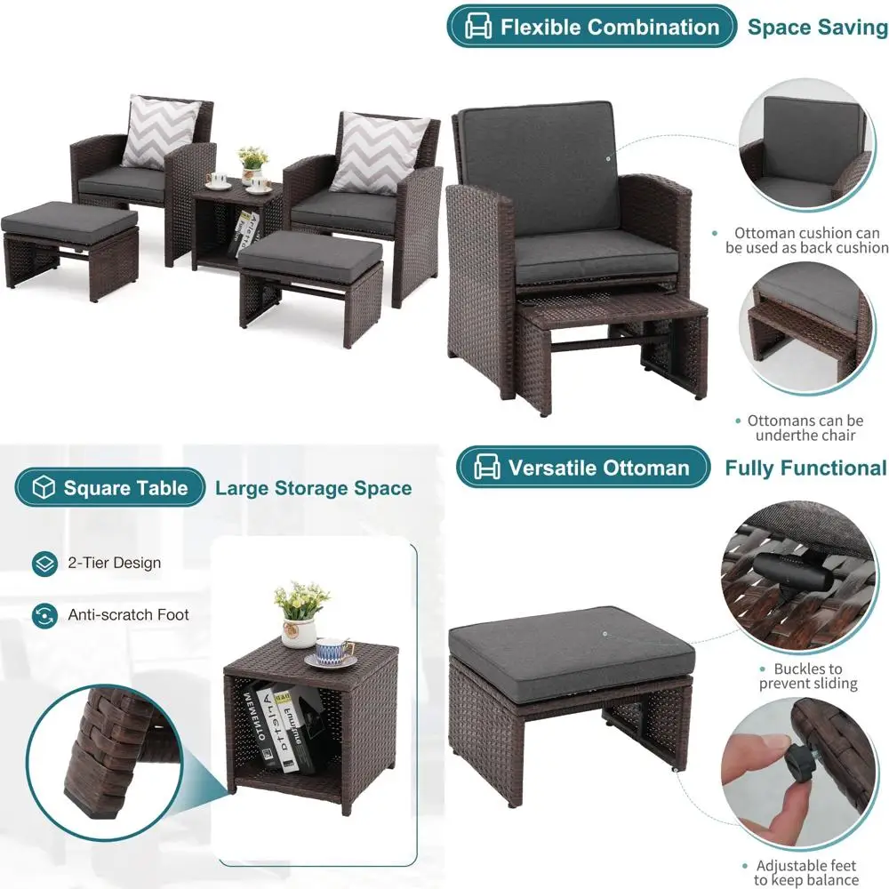 

5-Piece Patio Conversation Set with Cushions, Brown Wicker Chairs and Ottoman, Storage Table for Balcony