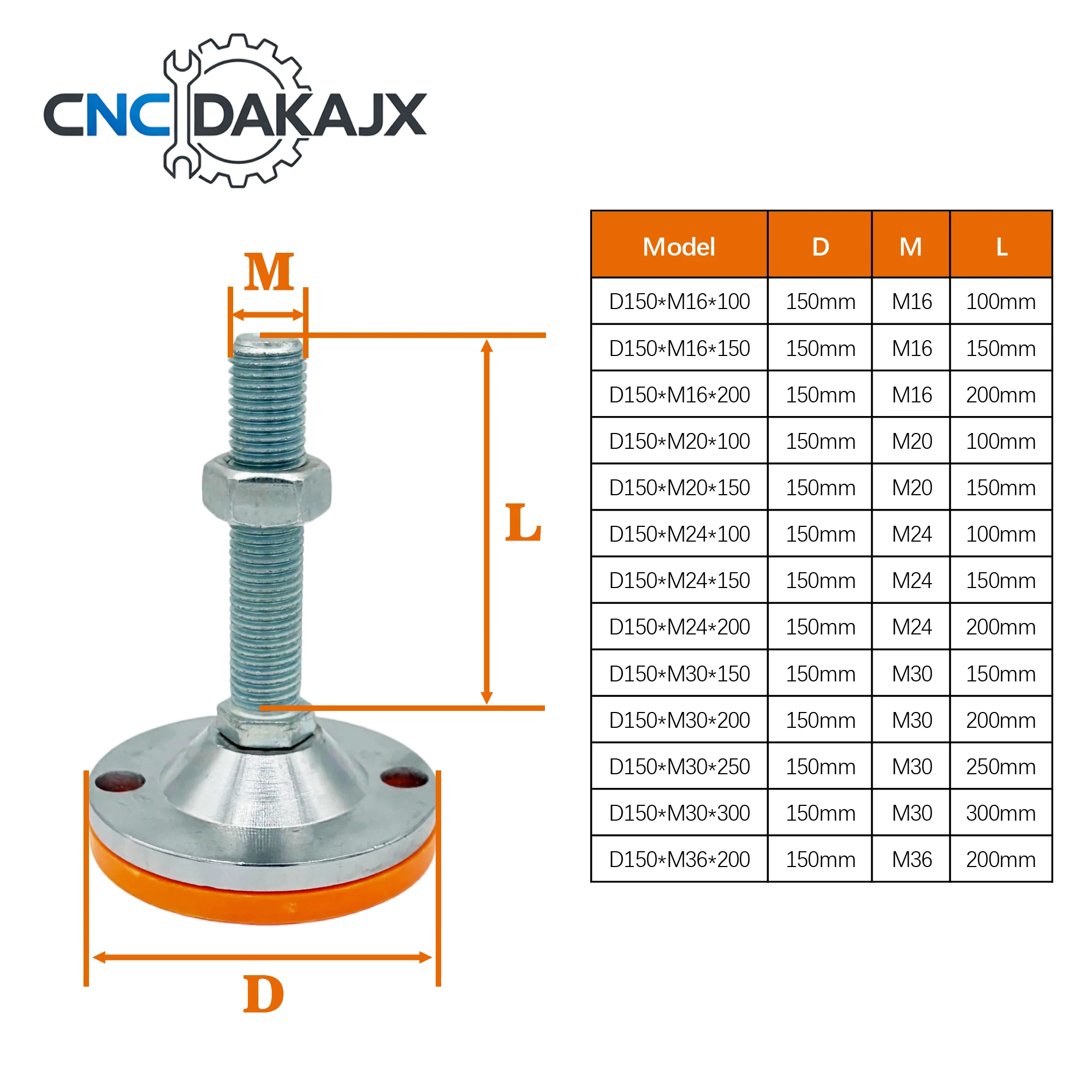 D150 Flange Heavy Duty Leveling Feet Carbon Steel Chrome Base Zinc Plated Screw Orange PU Shock Absorbing Pad Adjustable Machine
