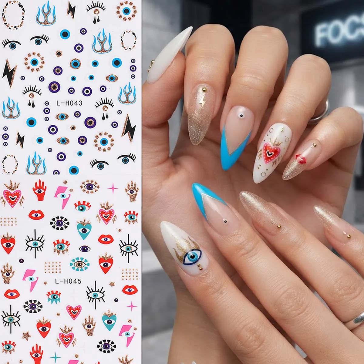 2pcs 3D Y2K Demon Eye Flame Heart Nail Stickers, Nail Decals, Nail Tech Supplies, DIY Nail Art for Music Festival Party