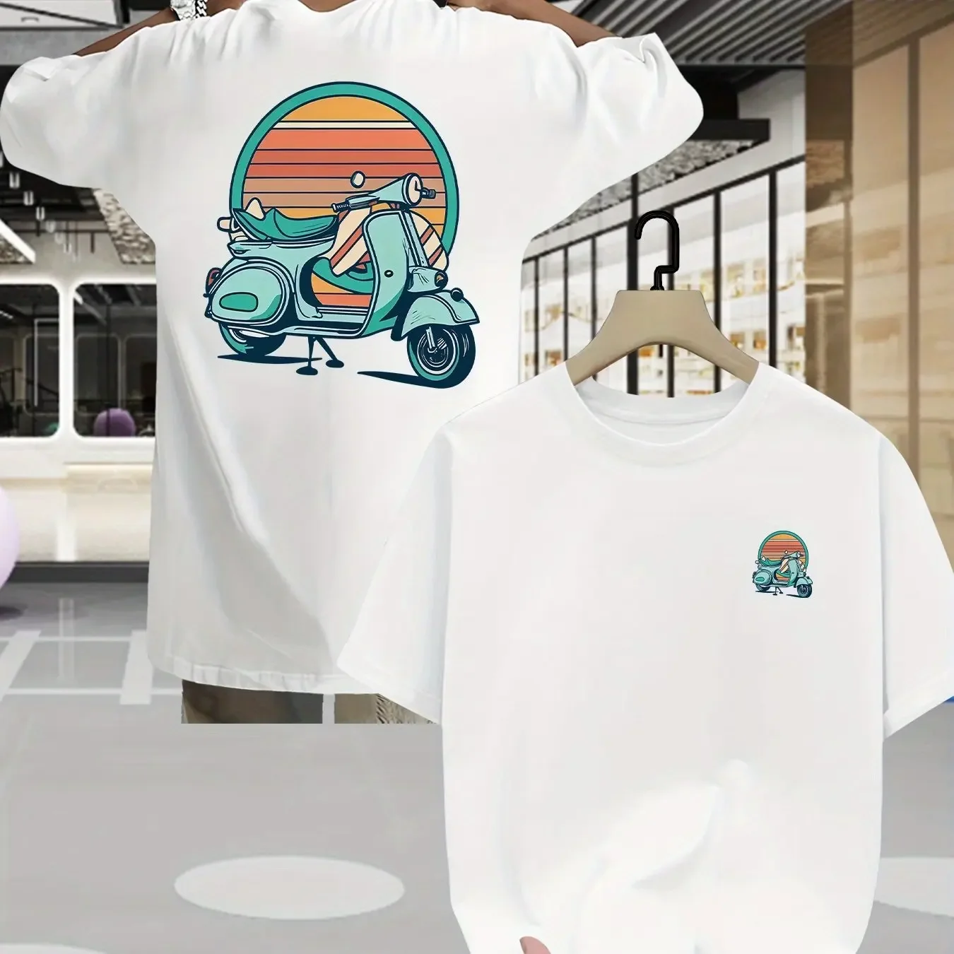 Men's Retro Scooter Pattern T-Shirt 100% Cotton Summer Retro Sunset Print Casual Travel Motorcycle Street Style Top