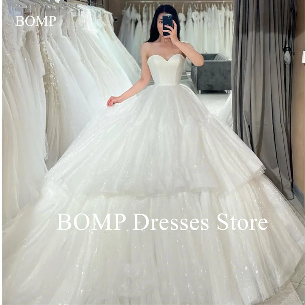 BOMP Sparkly Prinses Baljurk Trouwjurken Sweetheart Tiered Gelaagde Glanzende Luxe Bruidsjurken Aangepaste Vestidos de noiva