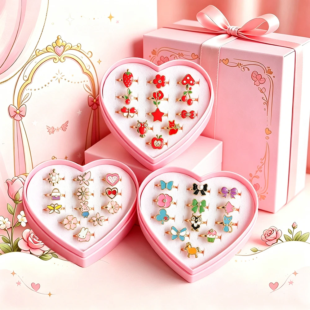 12Pcs Adjustable Kidsren's Ring Set, Enamel Strawberry Cherry Bow Flower Rabbit Turtle Cat Mushroom Heart-Shaped Open Ring in Heart-Shaped Gift Box, Little Girl Princess Dress-Up Jewelry Birthday Party Gift