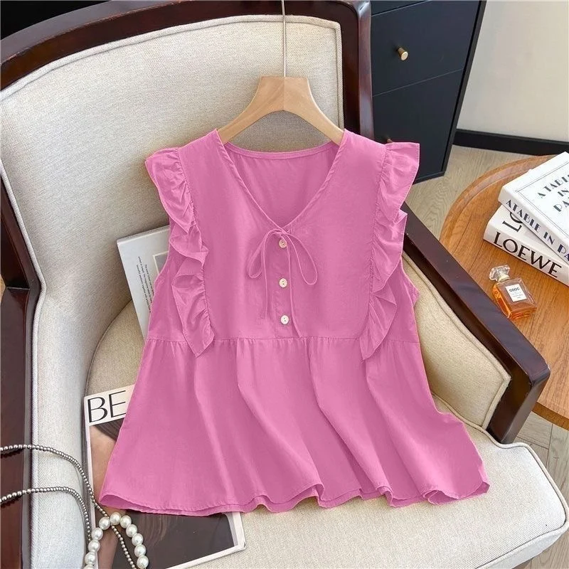 

Sweet Lotus Leaf Shirt Summer Design New Style Loose Slimming Top Sleeveless Breathable V-neck Polyester Casual Women's Blouse