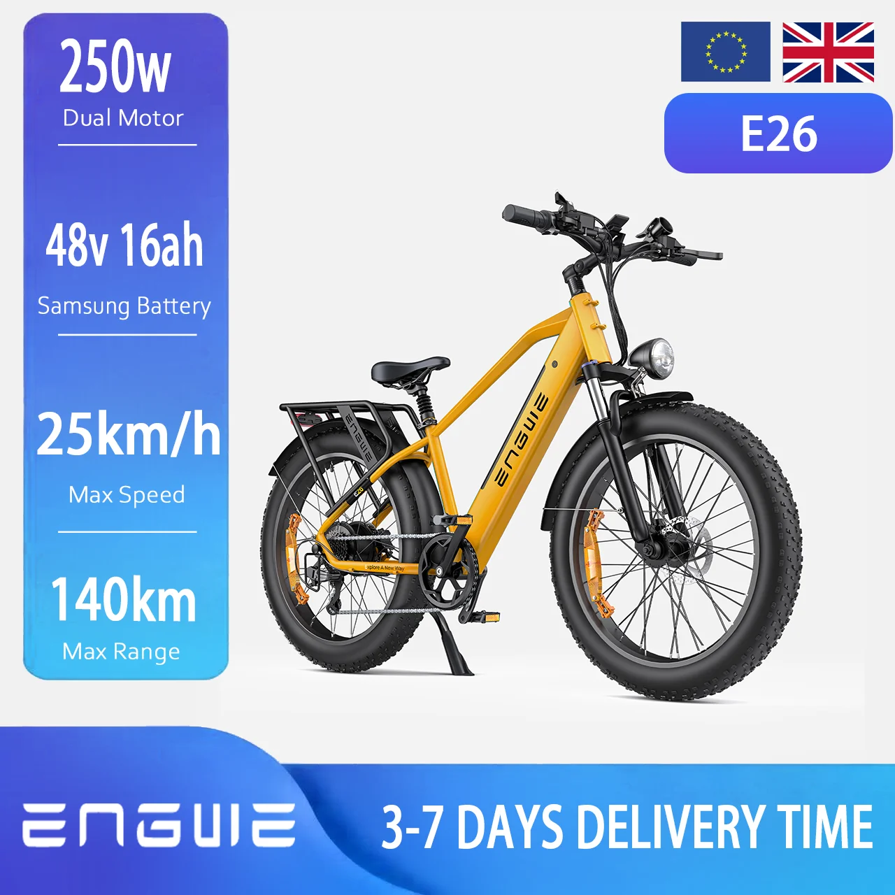 V�lo �lectrique ENGWE E26 �quip� d'un moteur 250W, de freins hydrauliques, de pneus larges 26*4 pouces, d'une batterie lithium 48V16AH, v�lo �lectrique adulte pour la neige.