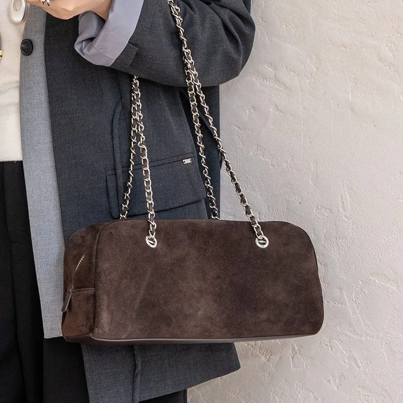 New Soft High Texture Suede Shoulder Bag Fashionable Boston Design Chain Underarm Bag Large Capacity Minimalist crossbody bag