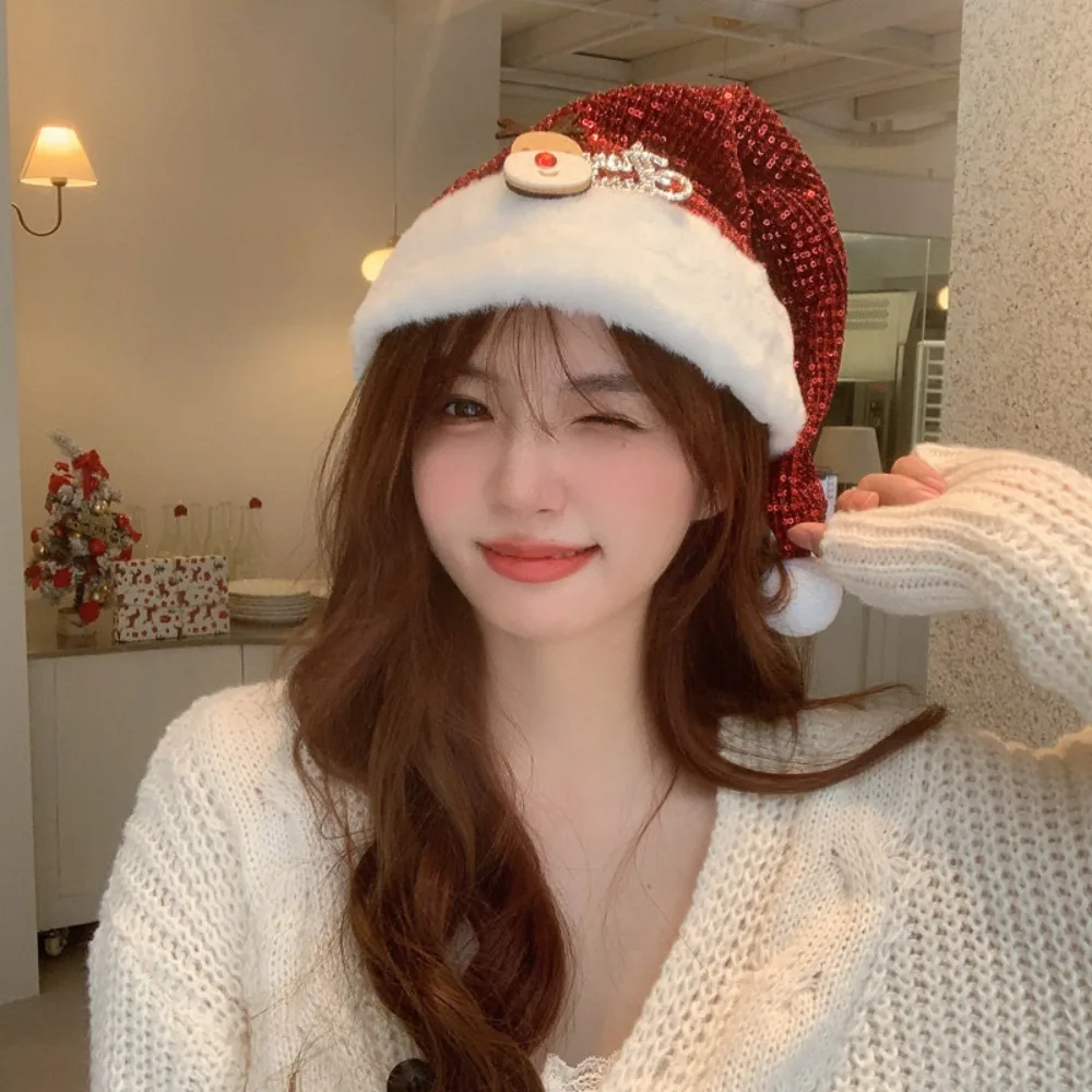 All-match Merry Christmas Decoration Christmas Sequin Hat Bow Green Red Santa Claus Hat Beanie Korean Style Red Plush Hat Adults