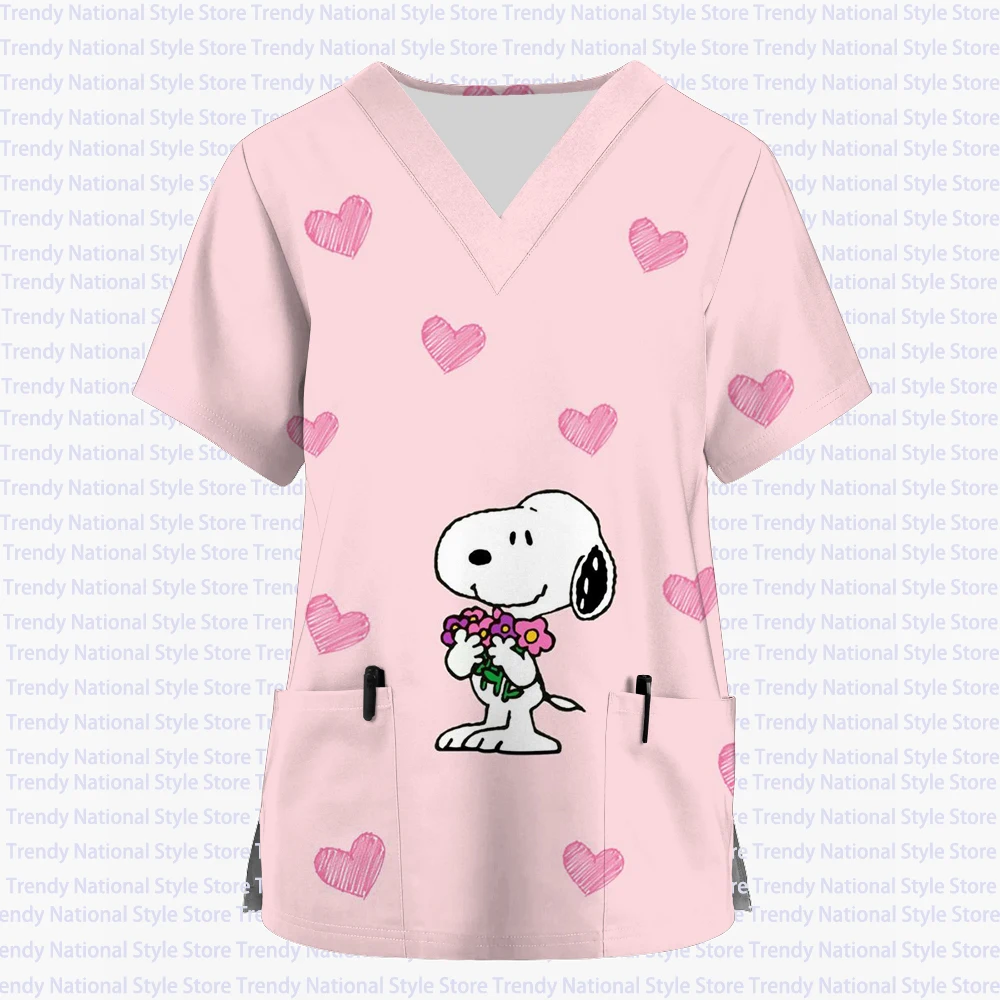 여성 간호 의류 만화 스누피 프린트 포켓 v 넥 탑 의료 유니폼 병원 간호사 미용실 수술 의류