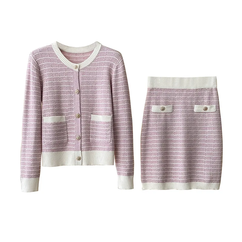 Women's 2-pcs Knitted Pink Set Coat+Skirt 2026 New Spring and Autumn Small Fragrant Style Stripe Set