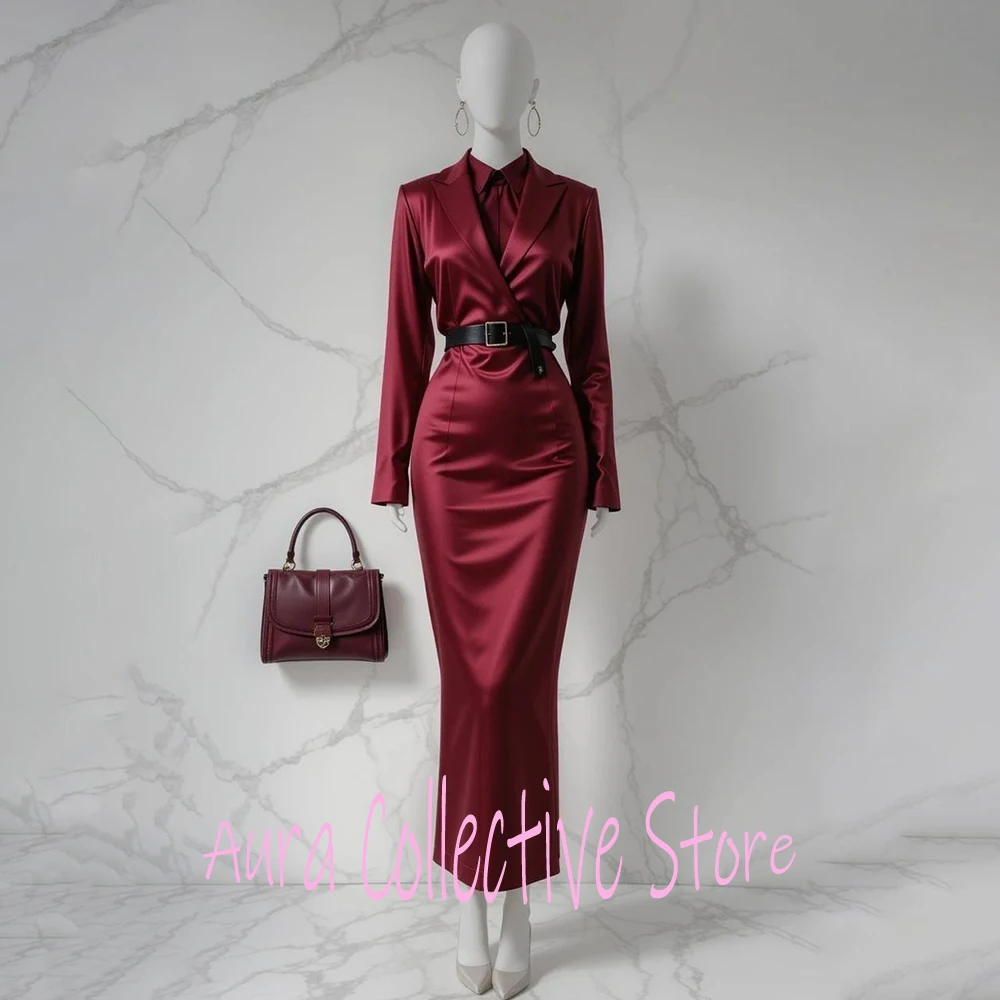 

Elegant Burgundy Mermaid Evening Dress V-neck Peaked Lapel Long Sleeve Satin Blazer Dress Simple Formal فساتين سهرات