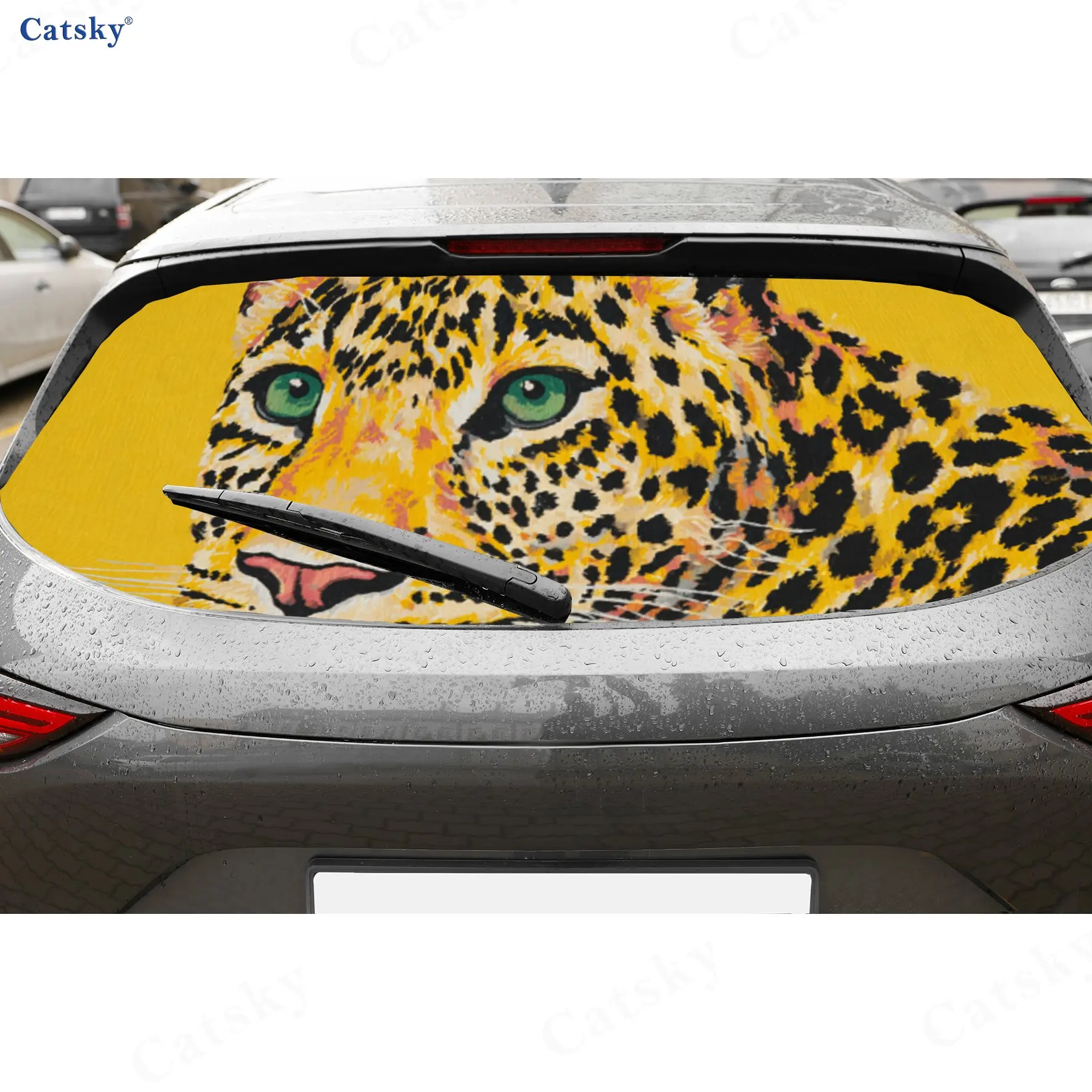 

Wild Leopard Head with Green Eyes PVC Perforated Car Vinyl Wraps, Durable Car Rear Windshield Sticker, Waterproof Car Rear Windo