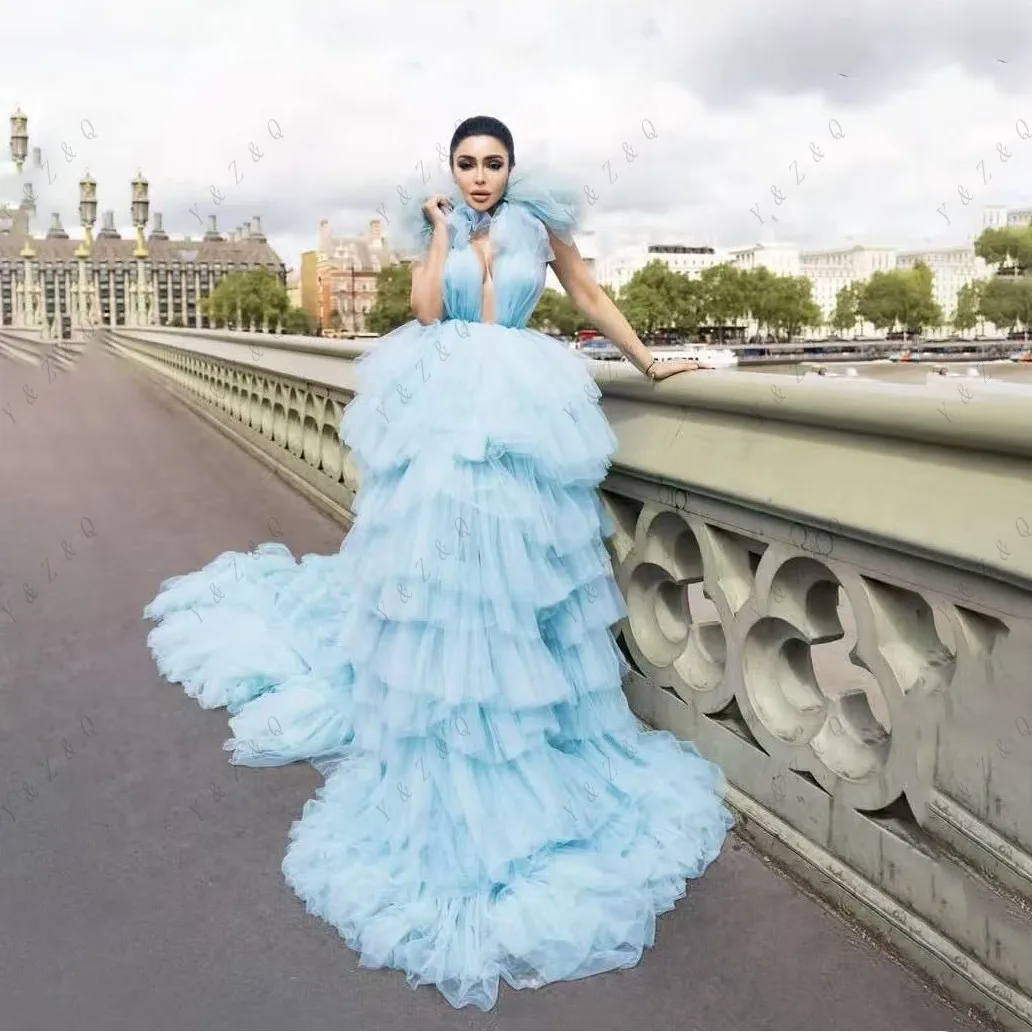 Dreamlike céu azul longo tule vestidos femininos para sessões de fotos em camadas extra exuberante vestido de noiva em camadas sem costas maxi vestido