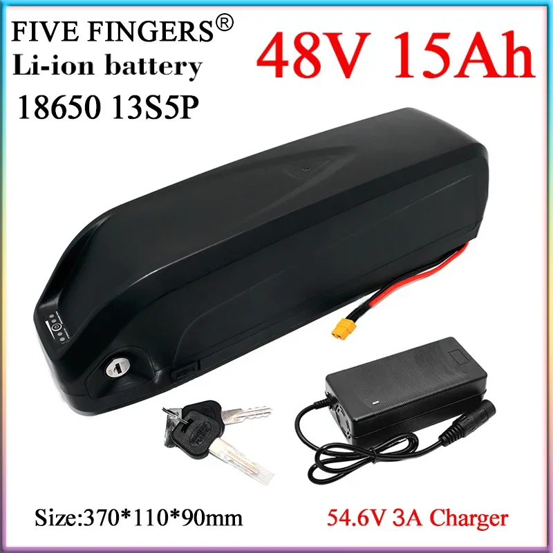 New 48V 15Ah 18650 Hailong Lithium Battery Pack 13S5P Built-in 30A BMS 1000W High Power ，With USB Port +54.6V 3A XLR Charger