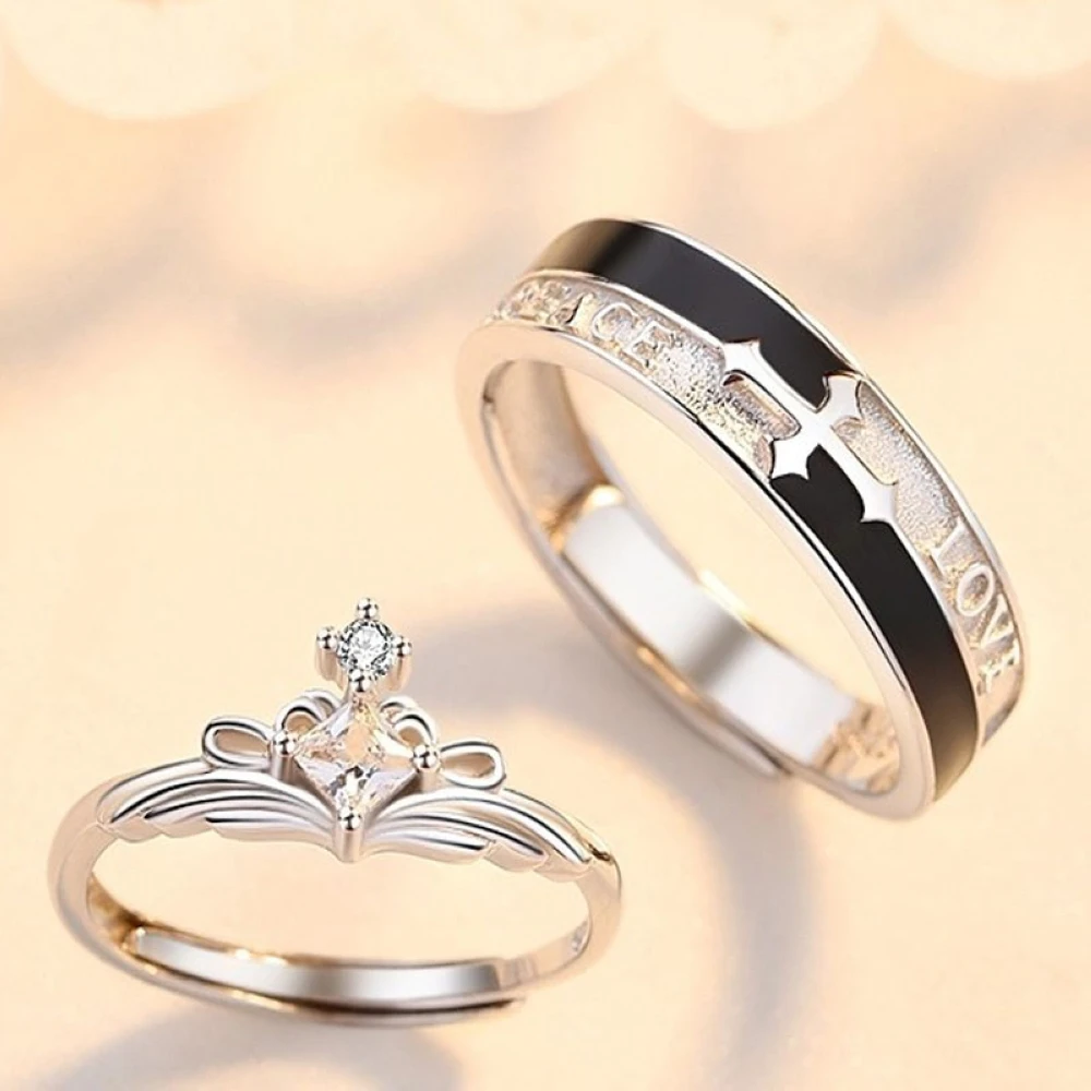 Crown Aadjustable Wedding Couple Rings Copper Plated Platinum Overlap Opening Finger Jewelry Wholesale Drop Shipping