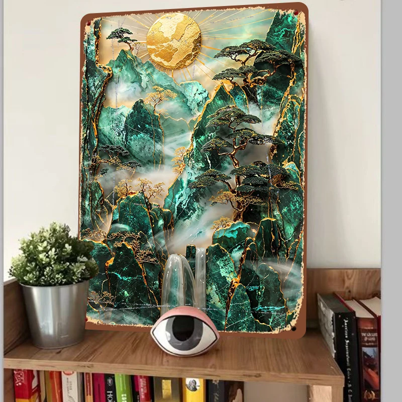 Chinese Style Emerald Green Landscape Gold Relief Metal Painting Zen Wall Art for Living Room Decor