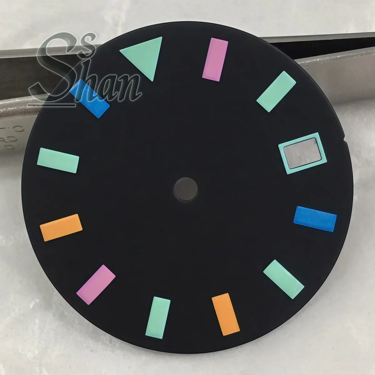 29MM Black Watch Dial Multicolor Hour Markers Date Window Replacement Dial Compatible with NH35 NH36 Automatic Watch Movement