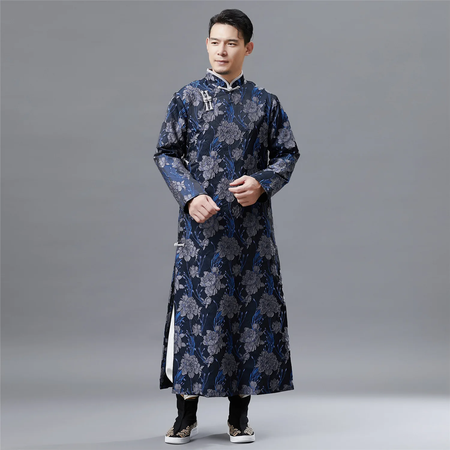 

Long Shirt Vintage Tai Ji Suit Martial Arts Kung Fu Performance Cheongsam Male Embossed Pattern Ethnic Plate Buckle