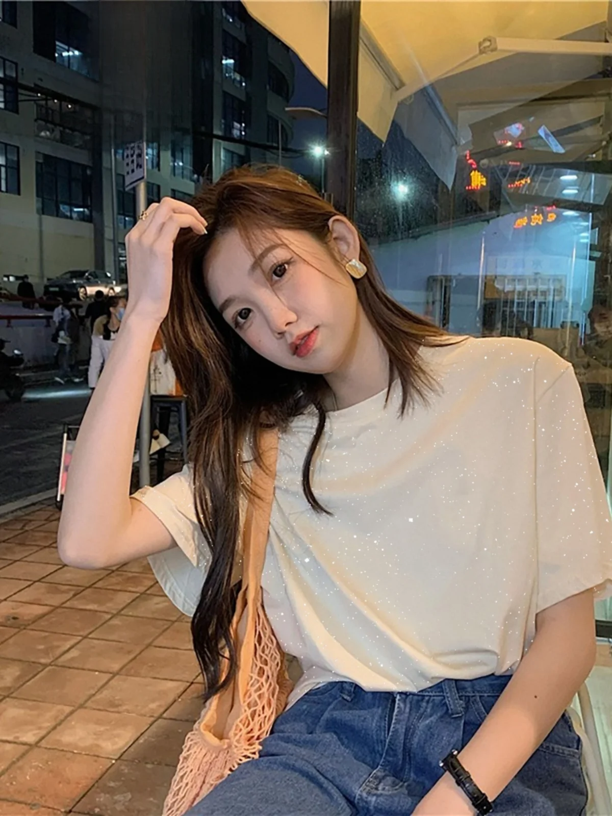 Pure Cotton Glitter Craft Short Sleeve Loose Fit Women's T-shirt Summer Casual Style round Neck Top Vintage American Design