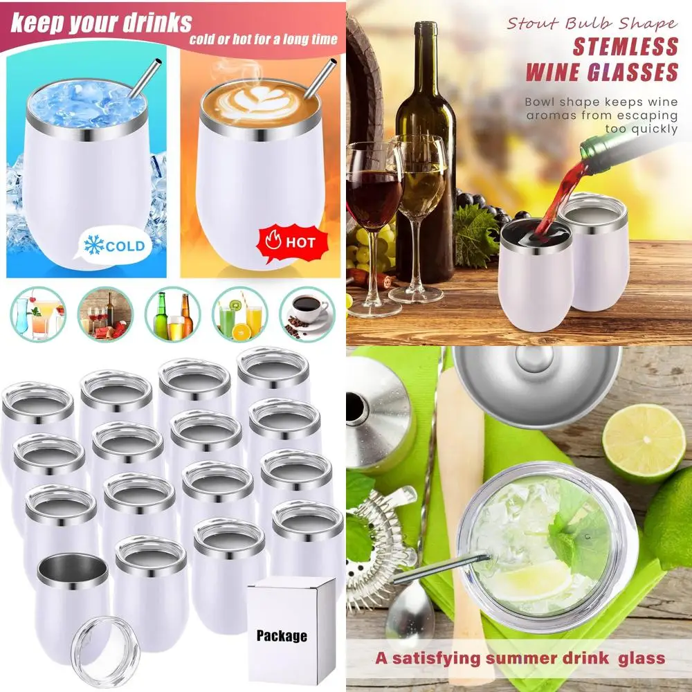 

12 oz Insulated Stainless Steel Wine Tumblers Set - Double Wall Vacuum Mugs for Beverages, Outdoors & Travel (White)