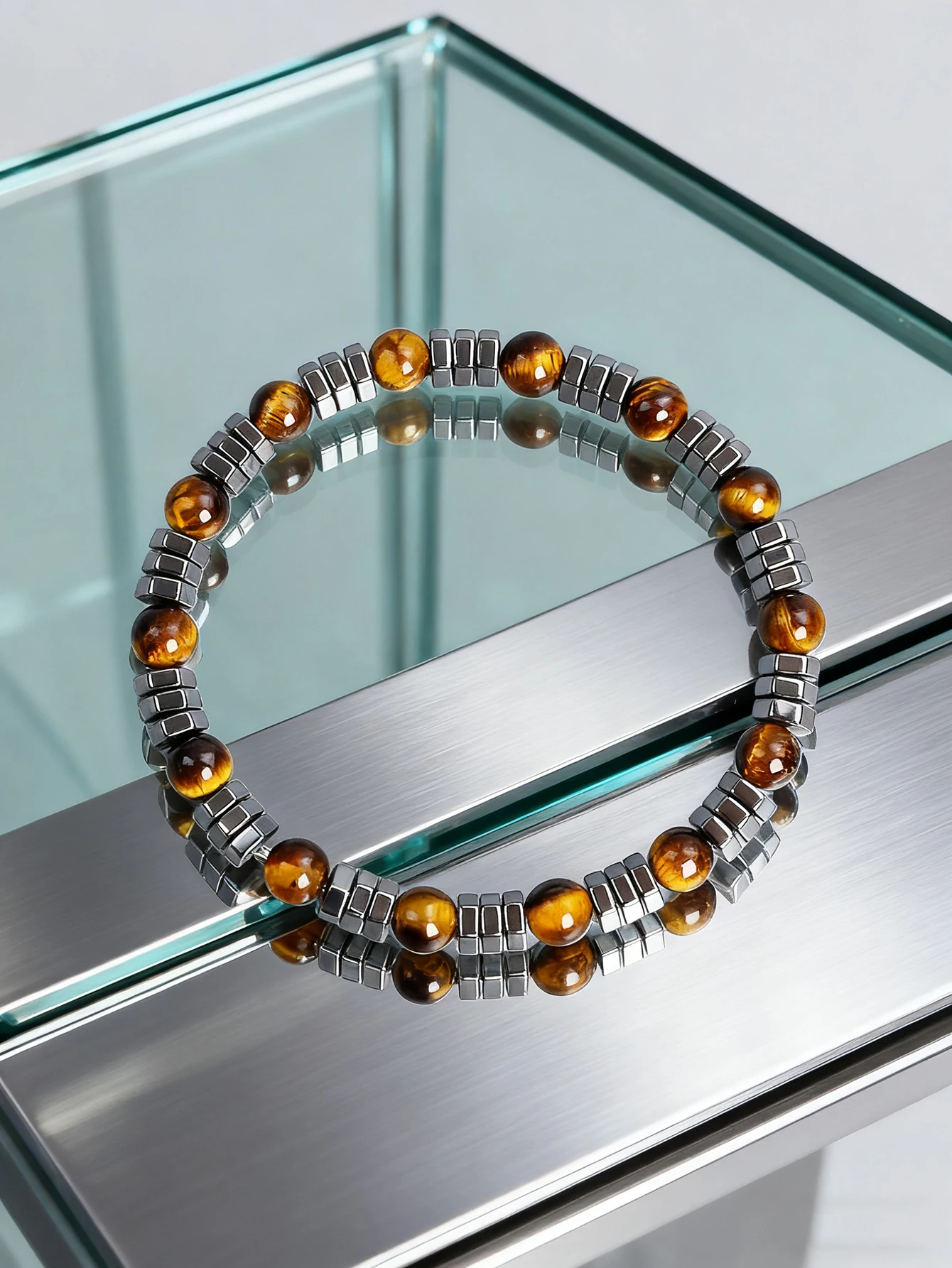 Natural Stone Bracelet Geometric Irregular Hematite Beads & Tiger Eye Beads for Strength Protection Courage and Vigour Jewelry