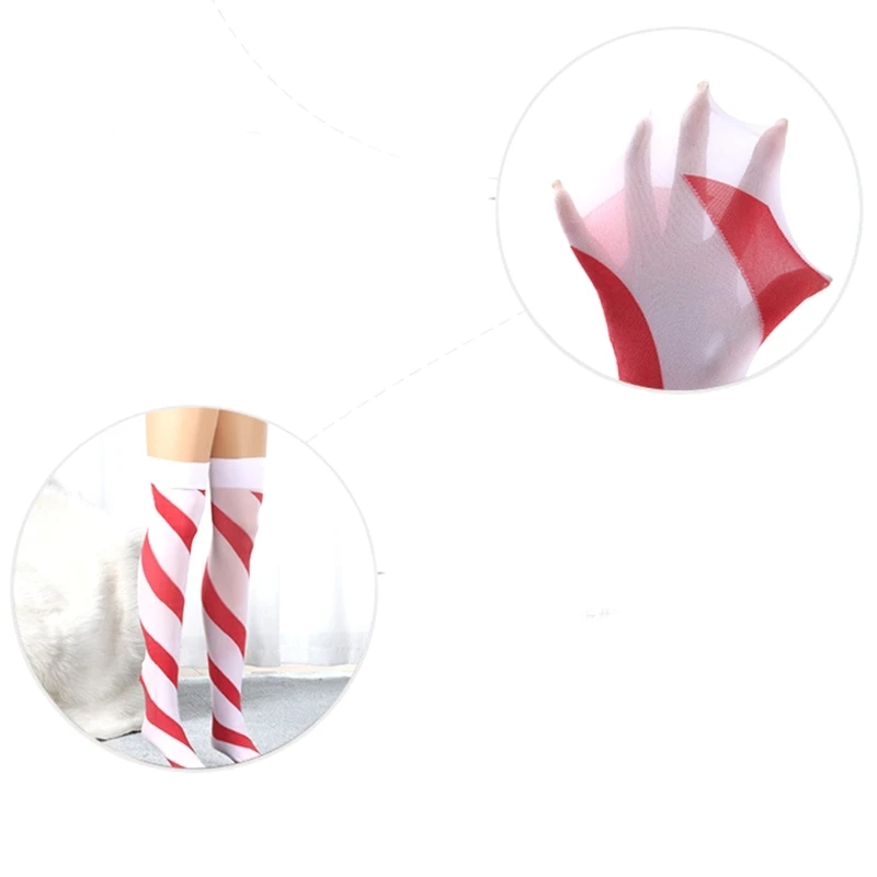 Red White Wide Striped Over Knee Long Socks Christmas Holiday Bowknot Thigh High Stockings for Women and Girls