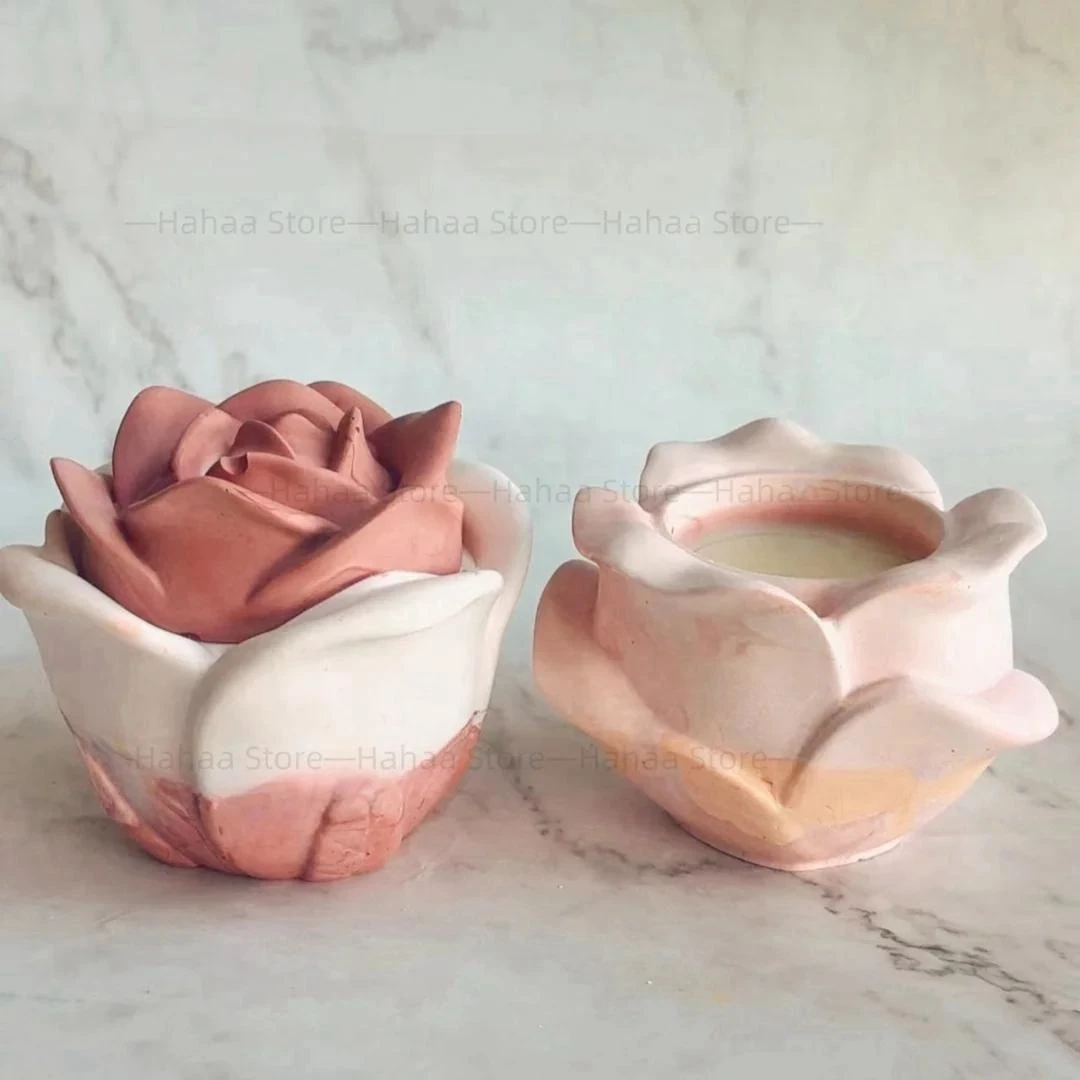 Rose Flower Shaped Storage Jar Candle Cup Container Silicone Mold Cement Vessel Concrete Flowerpot Desktop Decoration Mould