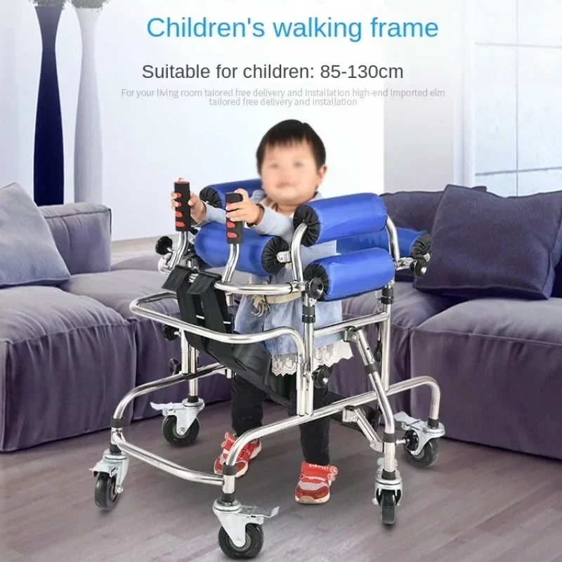 Adjustable Height Rolling Upright Walker with Seat Brakes Walking Aids Kids Lower Limb Training Standing Frame with Wheel Walker