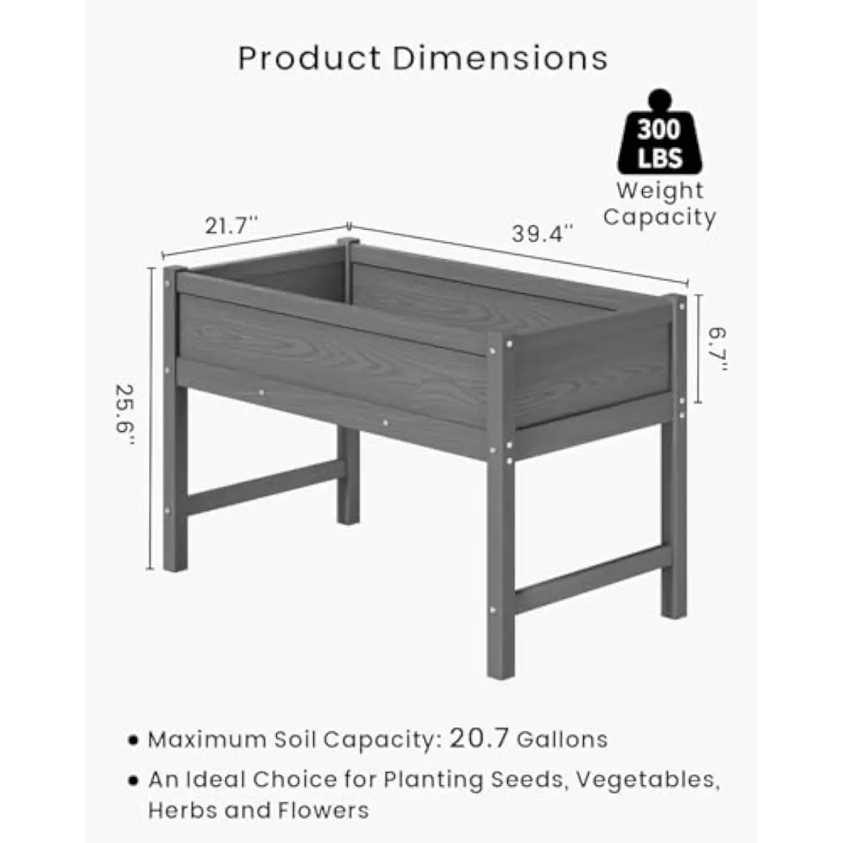Weatherproof Elevated Garden Planter Box Made from HDPE Polymer for Outdoor Use on Patio Deck or Balcony Featuring Drainage Hole