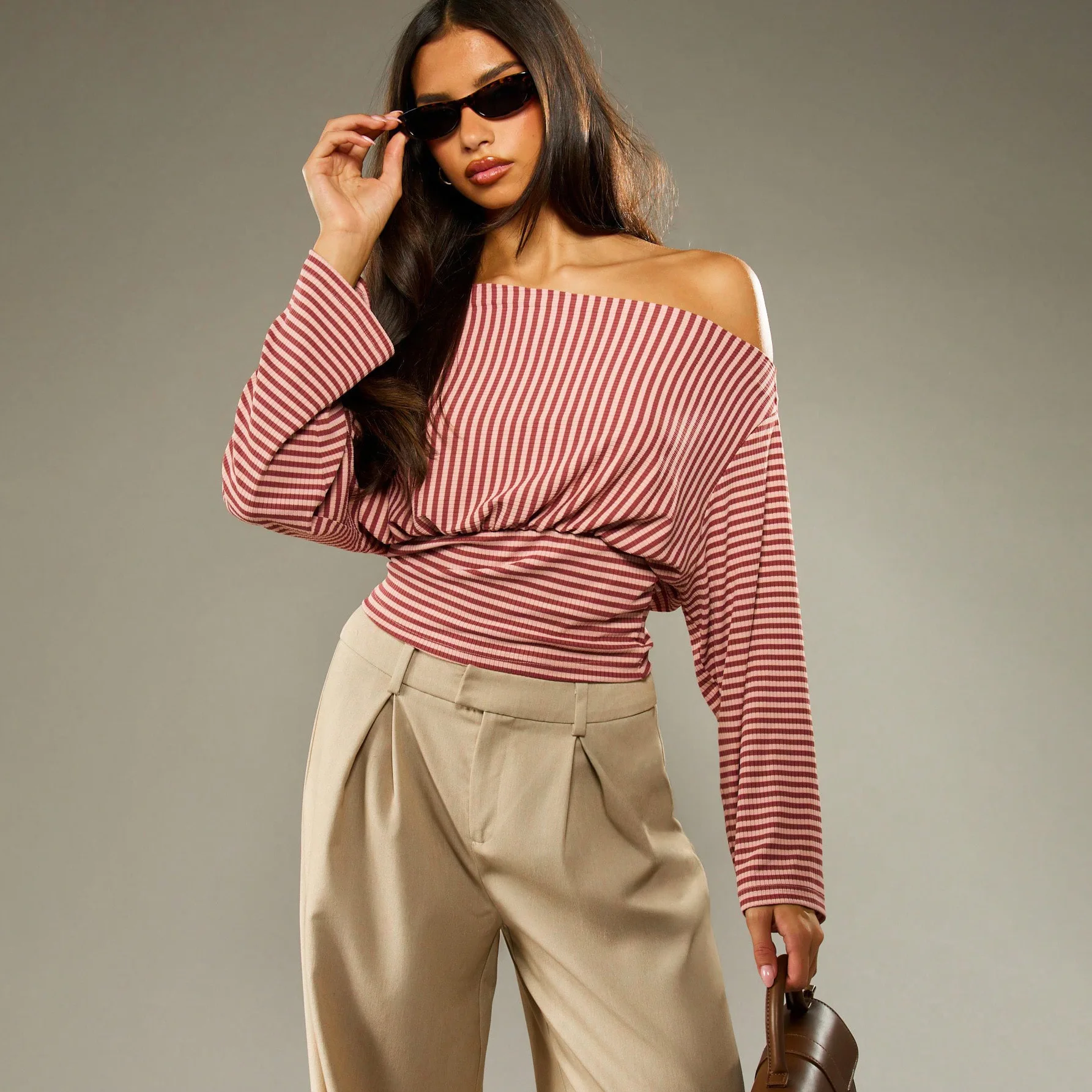 

Womens Fashionable Sexy Stripe T Shirt With Slant Neck Off Shoulder Long Sleeve Ruffle Slim Fit Casual Str New Spring And Autumn