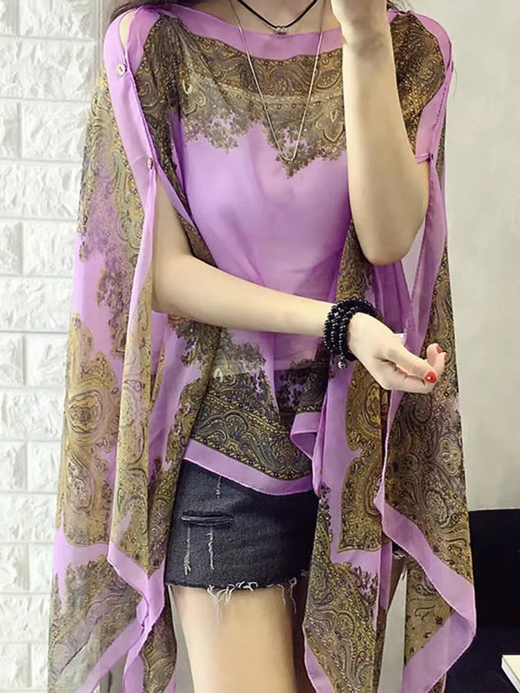 Bufanda Vintage de gasa para mujer, Poncho con estampado de flores de anacardo, cubierta de Bikini multifunción antisol para cubrir Bikinis de playa