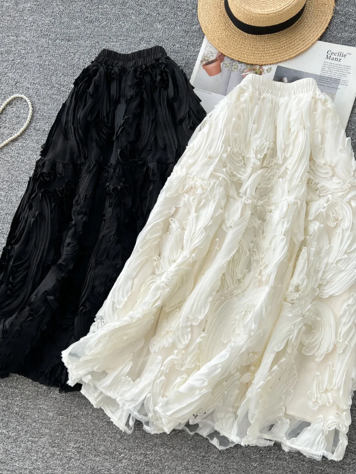 Retro Heavy Work 3D Flower High Waist Half Body Skirt Women's Versatile Slimming A-Line Puffy Skirt Elegant i Umbrella Skirt