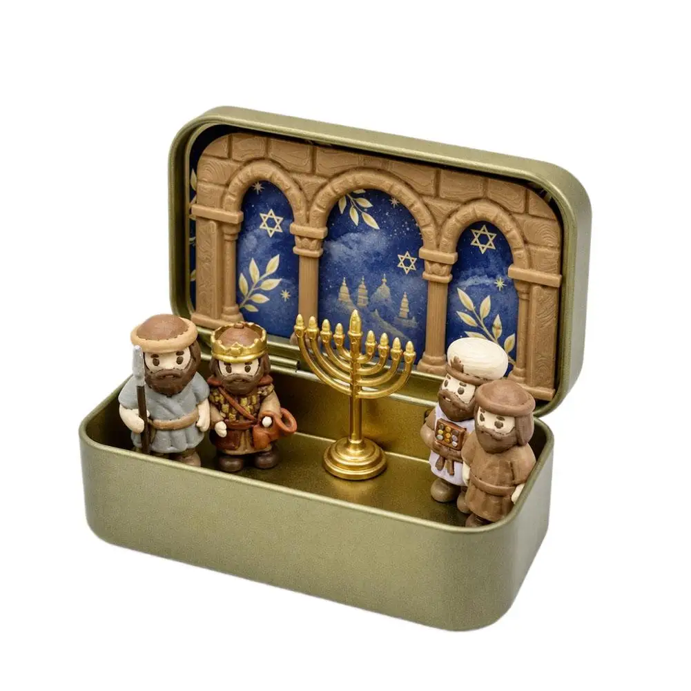 Mini Nativity Scene Figurine Set, Christmas Manger Design Portable Tin Box Packaging, Holiday Religious Tabletop Decoration