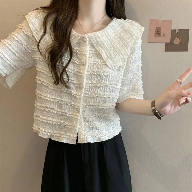 Elegant Hollow out Lace Slim Fit Short Sleeve Vintage Top Sweet Collar Shirt for Women Korean Style Casual Polyester Blend