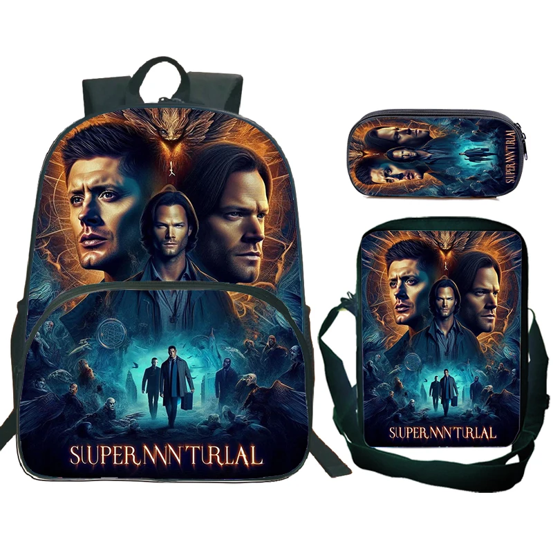 مجموعة من 3 قطع حقيبة ظهر للأطفال SPN خارقة للطبيعة مع حقائب كتف، مقلمة حقائب مدرسية خارقة للطبيعة للبنين والبنات أفضل هدية