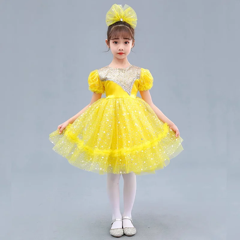 

Yellow Sequin Dance Costume Girls Lyrical Contemporary Freestyle Modern Dance Dress Girls Kids Stage Wear Festival Celebration