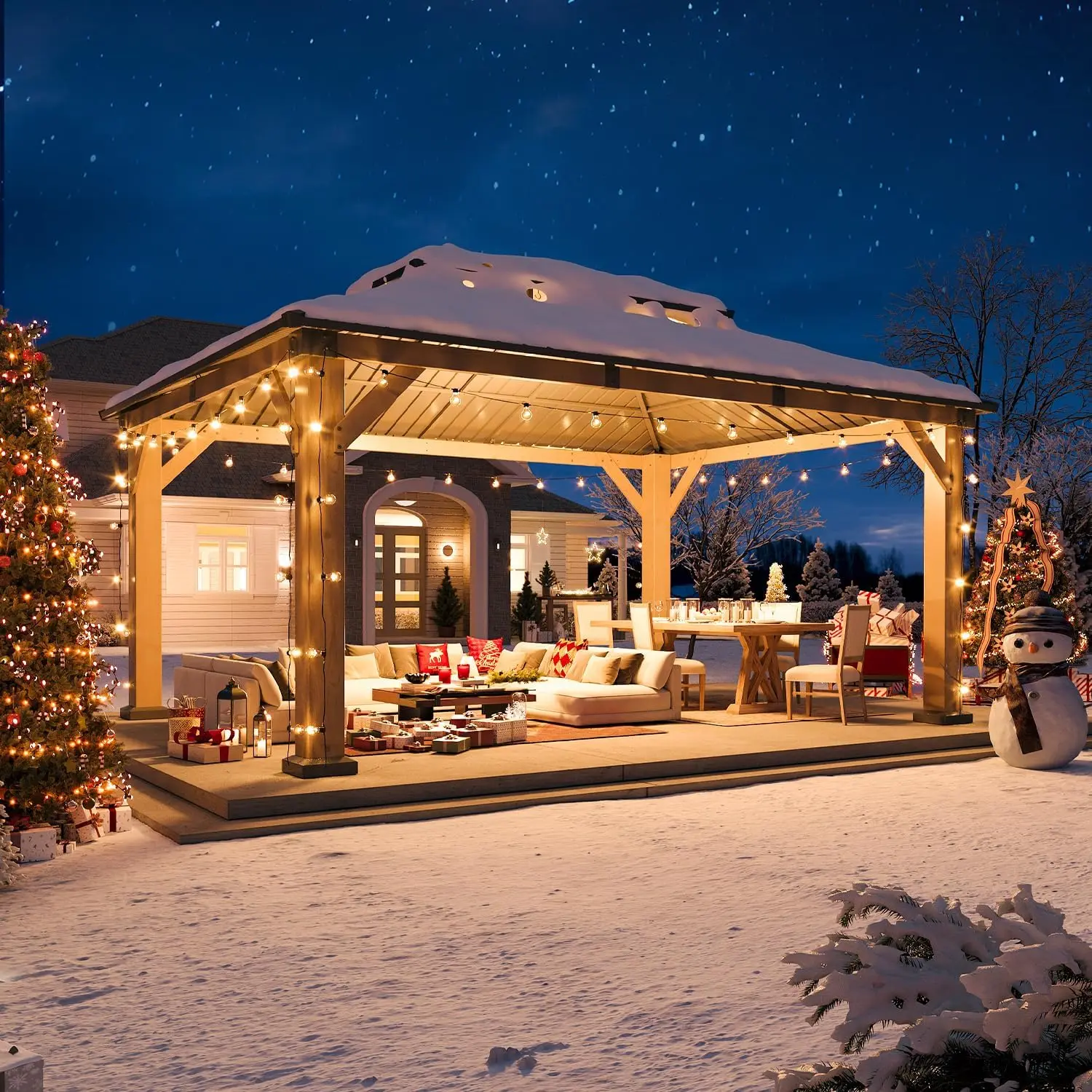 12' x 16' Wood Hardtop Gazebo with Galvanized Steel Double Roof for Outdoor Use