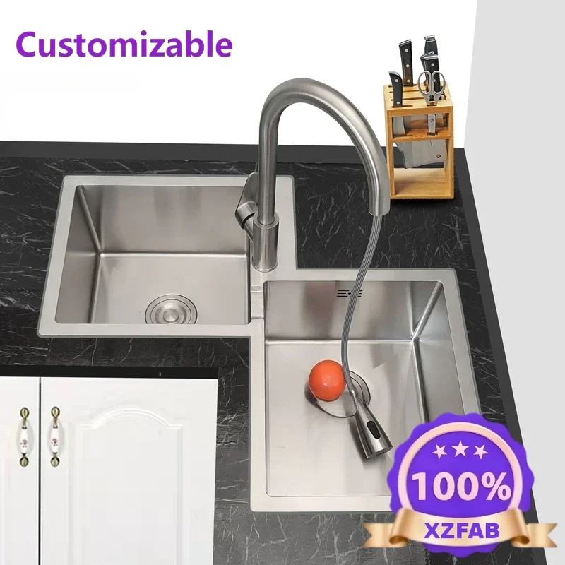 Factory Direct 2026 Long - lasting Kitchen Furniture Thickened 304 Stainless Steel Sink Basin Corner Shaped Double Stainless Ste