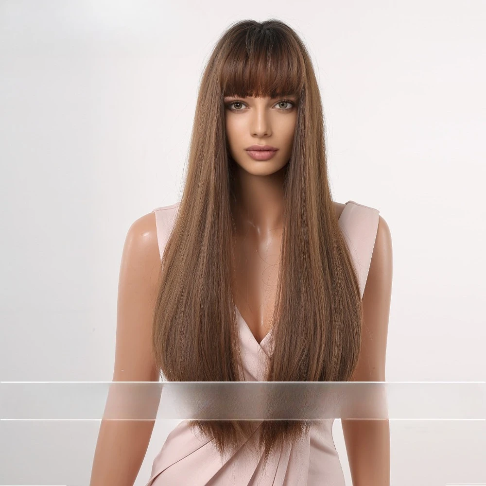 

Wig woman natural realistic air bangs long straight hair gradual change dark brown full head wig cover