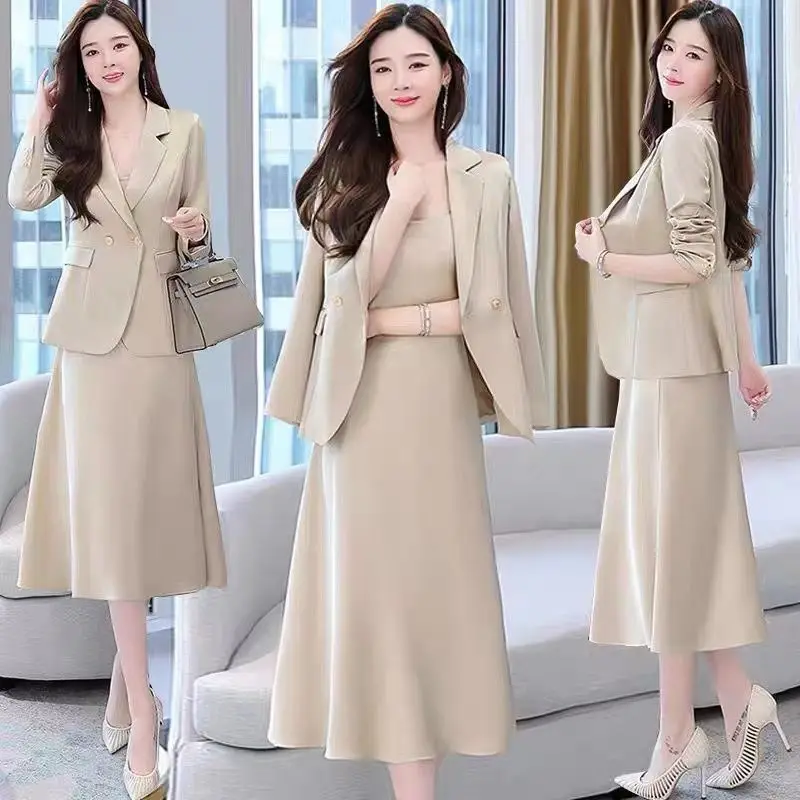 Two Piece Set Women Office Lady New Matching Dress Suit Workwear Single Breasted Top Blazer 2 PCS Set Suit