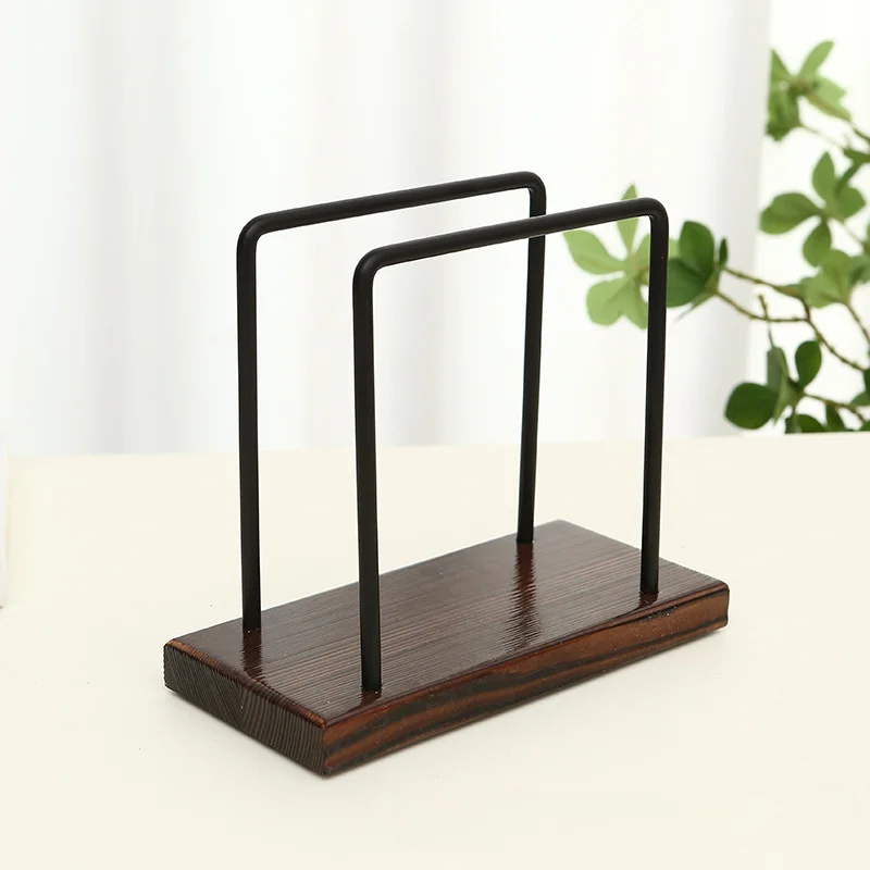 Eenvoudig desktop servet opbergrek ijzeren beugel toiletpapier opbergrek papieren handdoekhouder massief houten basis
