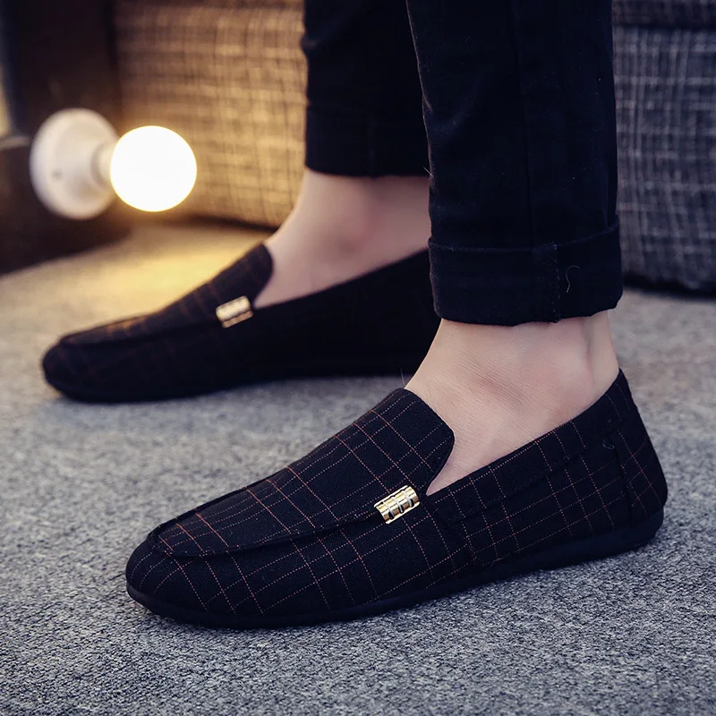 Men Shoes Fashion Loafers Breathable Canvas Sneakers Men Slip-On Casual Shoes Soft Comfortable Non-slip Driving Flats Black Gray