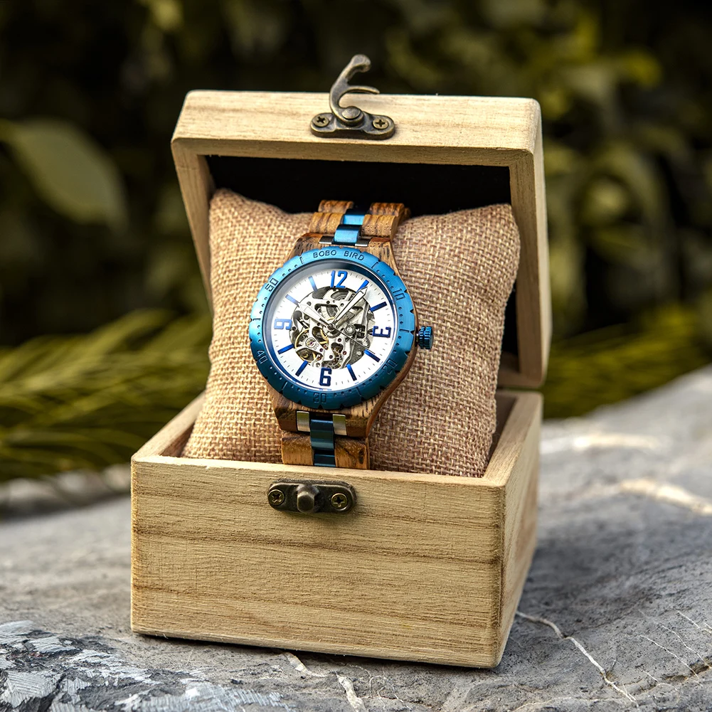 Orologio meccanico da uomo BOBO BIRD Nuovo orologio da polso in legno blu da lavoro alla moda, movimento meccanico di qualità, regalo per l'amante