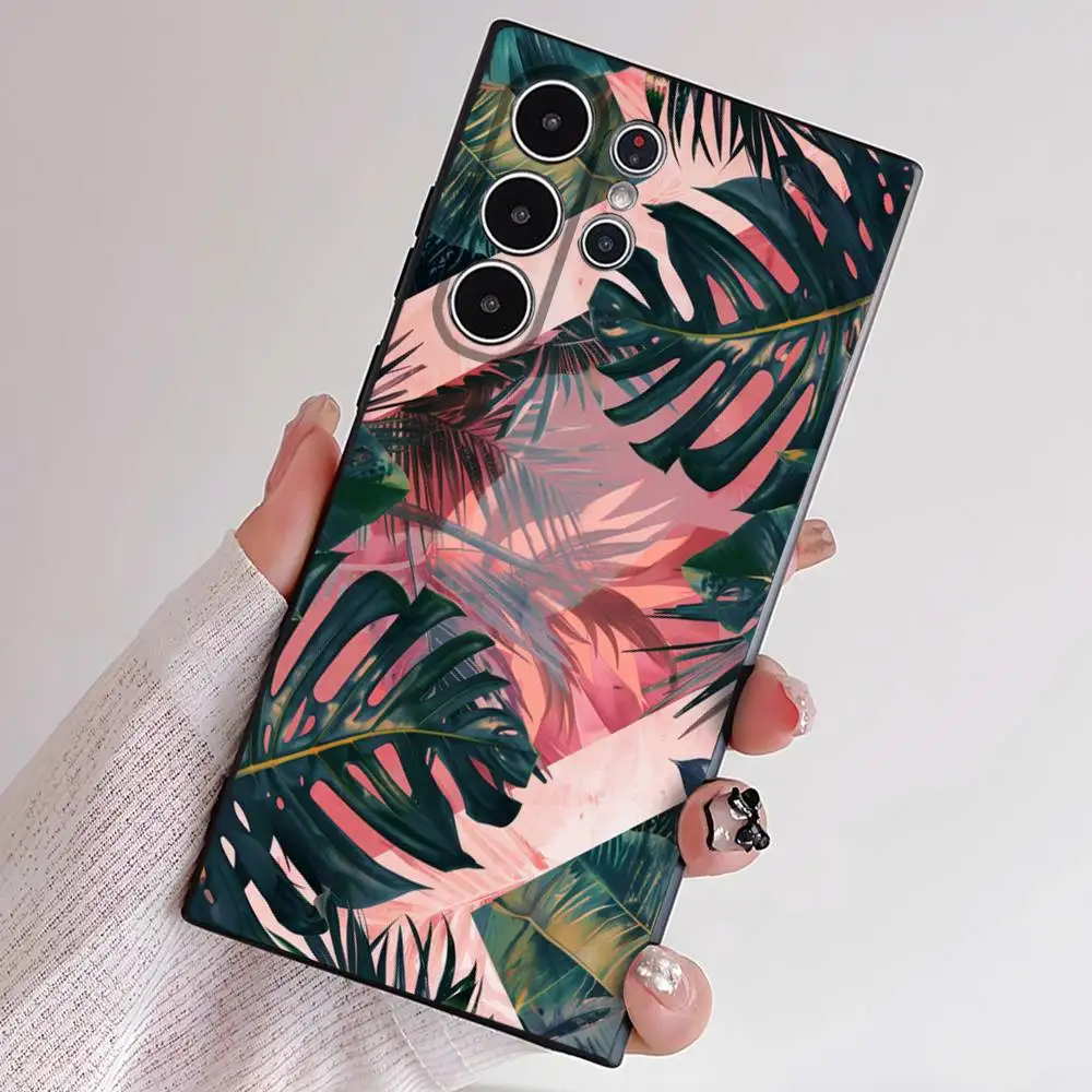 ヤシの葉柄スマホケース Sシリーズ S21 S22 S23 S24 S25 FE Plus Ultra対応 TPU素材 肌に優しいソフトケース