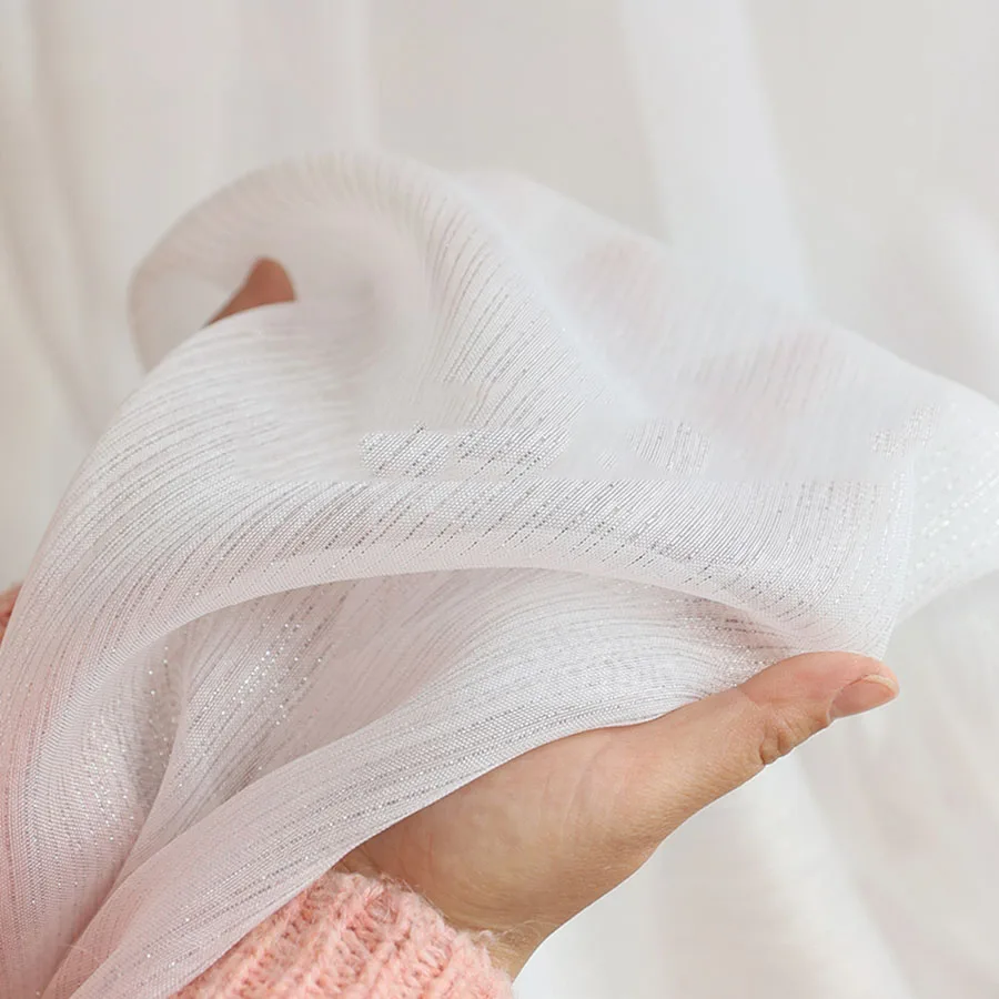 Pure White Shiny Silver Wire Stripe Tulle，Curtains for Living Room， Modern Simple Window Screen Bedroom Voile Blinds for windows