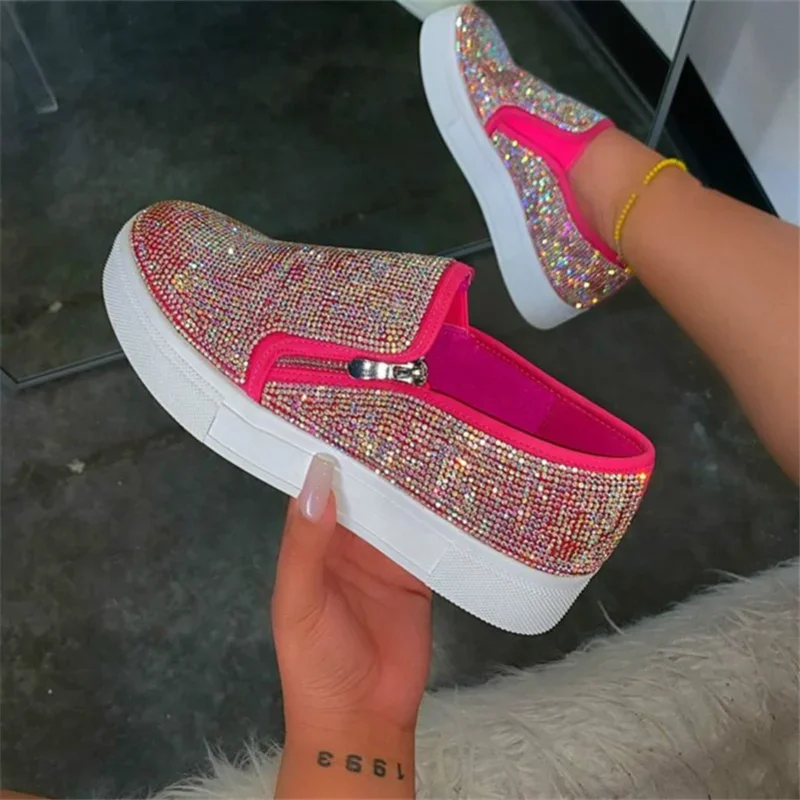 Women Flat Casual Single Shoes Fashion 2023 Rhinestone Bling Sewing Platform Loafer Luxury Shoes Casual Comfortable Female Shoes