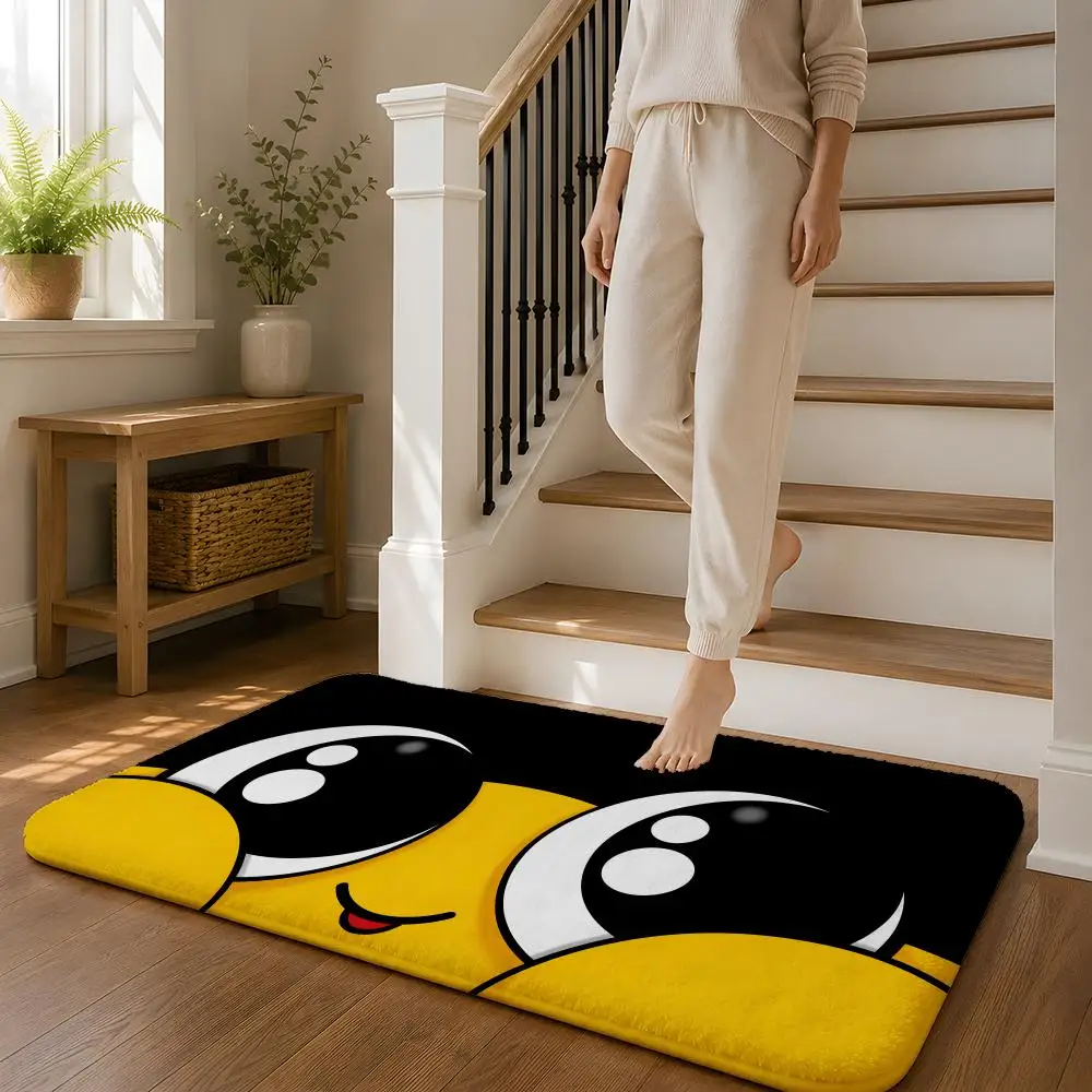 Cute Big-Eyed Cartoon Floor Mat Flannel Rug Non Slip Absorbent Soft Washable For Entryway Hallway Bathroom Kitchen Decor